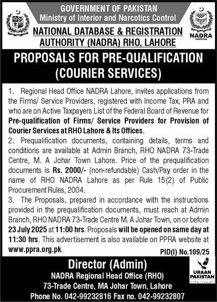 National Database & Registration Authority Lahore Tender Notice